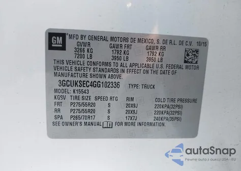 2016 Chevrolet Silverado 1500 2Lz z USA, uszkodzony, nr VIN 3GCUKSEC4GG102336